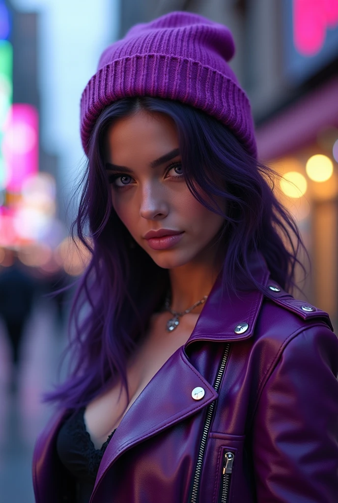 Beautiful realistic young girl with green eyes and bright purple hair in a Gucci jacket