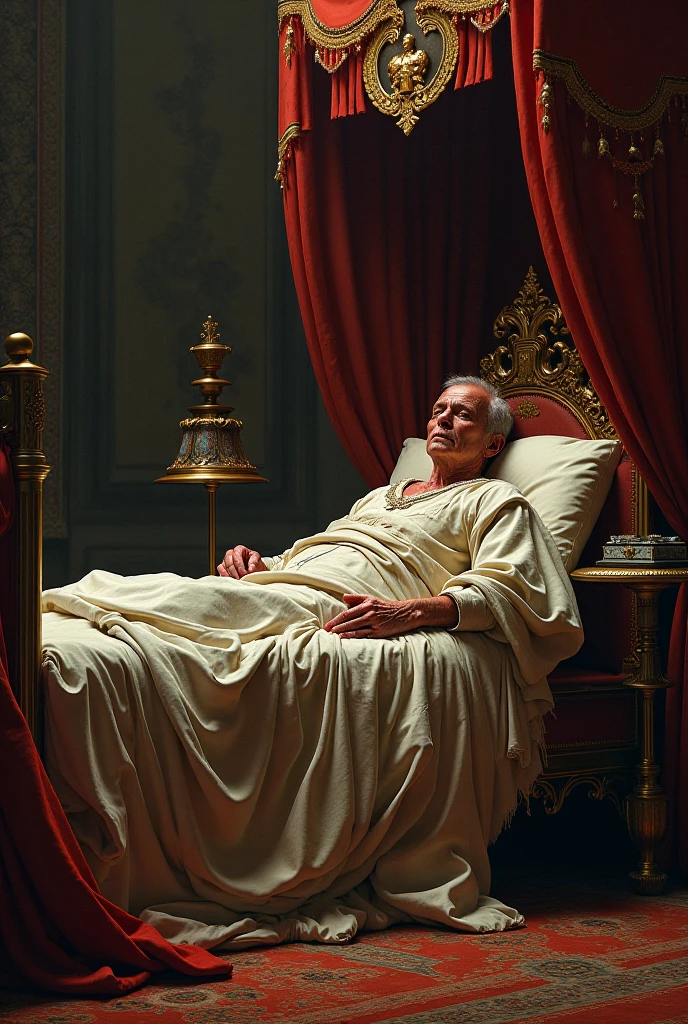 illustrates a 50 year old king who is bare-chested and killed in his bed due to strangulation