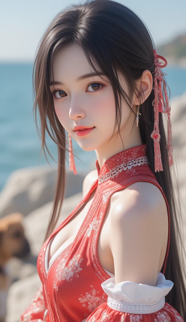 Close-up of a cat-eared woman in a red dress, gorgeous chinese models, beautiful Korean women, Beautiful Asian girl, Asian girl with long hair, Beautiful girl model, Chinese girl, Gorgeous young Korean woman, Middle metaverse, Beautiful young Korean woman, trending on cgstation, Very beautiful girl, Chinese style