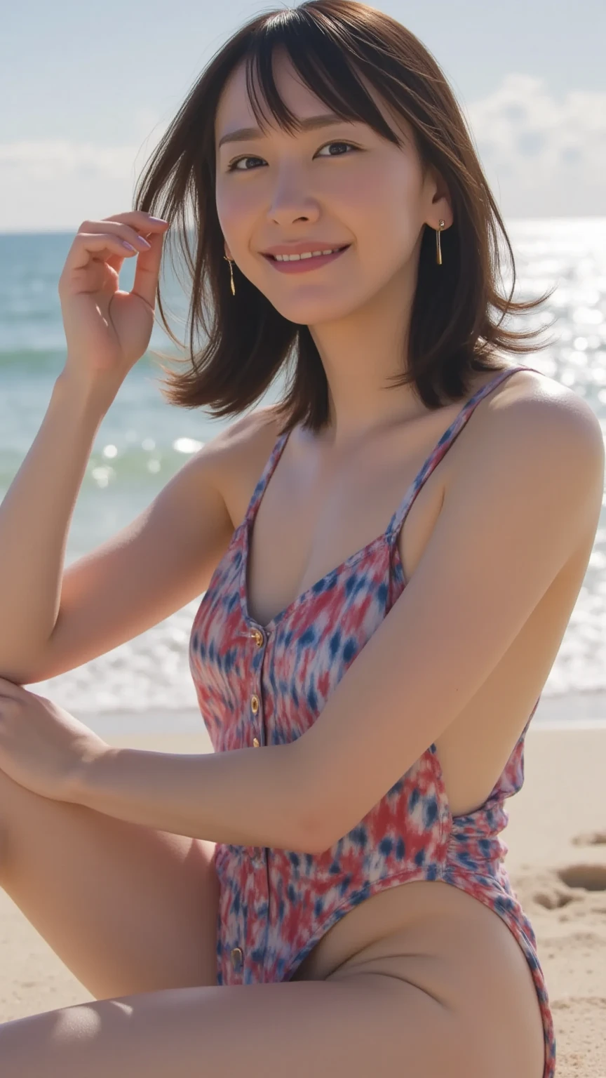 ticker, (sharp focus:1.2), photo-realistic, portrait, intractive young woman, winding, Long hair, cleavage c cup, (beautiful face:1.2), (smile1.4)、fine eyes, luscious lips, (eye make up:1.2), wear (floral dress:1.2) in (beach:1.4). (morning sun lighting:1.2), Depth of bounds written, Bokeh, 4K, HDR. By (james c. Christensen:1.2|Jeremy Lipking:1.1). dynamic posing