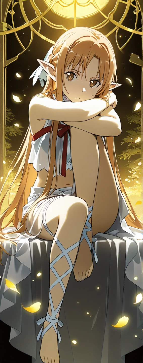 1boy, long overflowing blonde hair loosely braided, golden eyes, subtle holy glow, looking at viewer, smiling, white robes, flat chest, girly boy, gigantic tree with golden leaves background, textured skin, award winning, high details, incredible high-key lighting and shadows, masterpiece, UHD, UHD, UHD, UHD