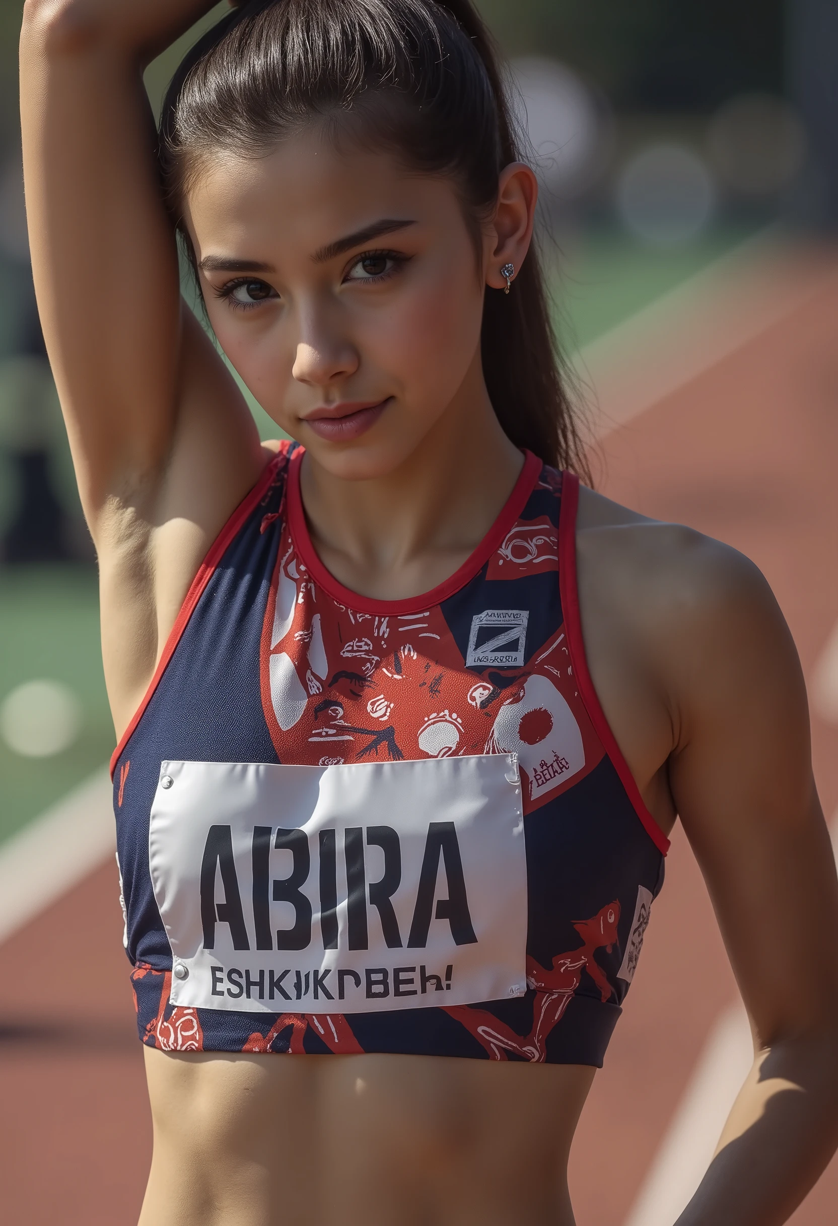 high quality, 4K, Hi-res, Master class, Extreme Detail, realistic, perfect anatomy, stunning young female sprinter, 18yo, a stunning half girl, (streching:1.7), Put your concentration, Stretching, pose, extremely detailed moist skin texture, beautiful, Powerful, gorgeous, 4K, HDR, photos, High Resolution, excellent detail, Professional, vibrant color, Bokeh, illumination, shadow, background blur, perfect anatomy, thick eyebrows