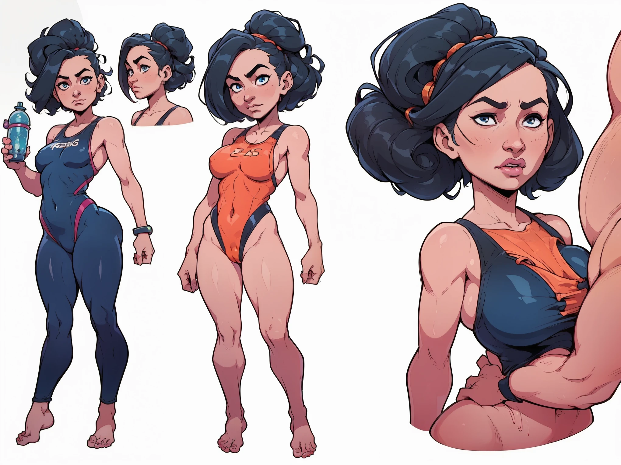 mari, wide hips, black hair, 1girl, cms, (longer wavy haircut, curly hair), k4r3nh41r, exaggerated inflated legs, 4k, highly details, (((tiny breasts))), ((wearing a one piece bathing suit, barefoot)), sensual, 4k, highly detailed face, perfect skin, detailed face, focus on eyes, anatomically correct, ((((reference sheet, simple white background, (multiple views), (full body), dynamic pose,,))))