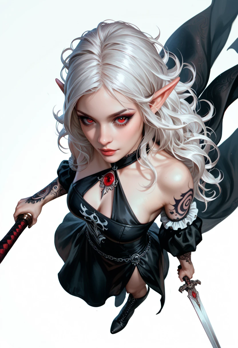 Digital illustration of a moon elf with fair skin and blue eyes, ((cabelos brancos)), who wears a classic gothic clergy outfit, preta e de couro. She has medium to large breasts and ((holds an arrow in his hand that points forward)), as if he were going to shoot someone with a serious expression, behind it is an abandoned and ancient gothic church, almost in ruins and she seems to be protecting people from approaching her, afinal, She's the last one left of her race, pelo menos por ali.