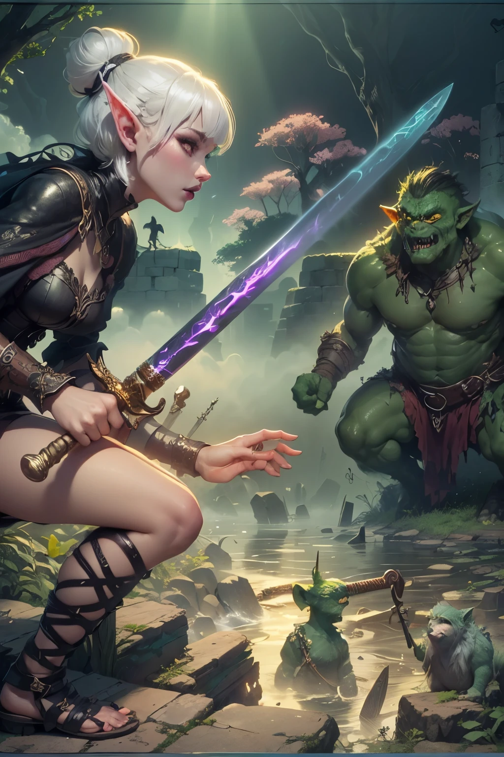 (Ultra-detailed face, Looking away, Gothic Illustration, Dark tone colors. She has five fingers on her hands and five toes on her feet.), BREAK
(Ancient ruins in the misty marshes of medieval northern Europe. Scene of a battle with swamp trolls in a swamp. Fantastic. Mysterious. Contrasts of light and shadow.), BREAK
(A young female dark elf ranger twists her body and, in a daring pose, cuts at the swamp trolls with her two-handed sword, the famous “Tongue of Fire,” which burns with flames. The swamp trolls are holding clubs and swinging them fluently at her. The viewer looks down on the woman from above.), BREAK
(She has white hair and white eyebrows, a slicked-back fringe, waist-length wavy hair, small pink lips, lavender eyes, dark purple skin, and eyeliner.), (She wears a lace-up dress, sewn from a crimson lace fabric with a medieval Scandinavian cherry blossom motif. She wears sandals with thin strings of soft brown leather woven into them.)