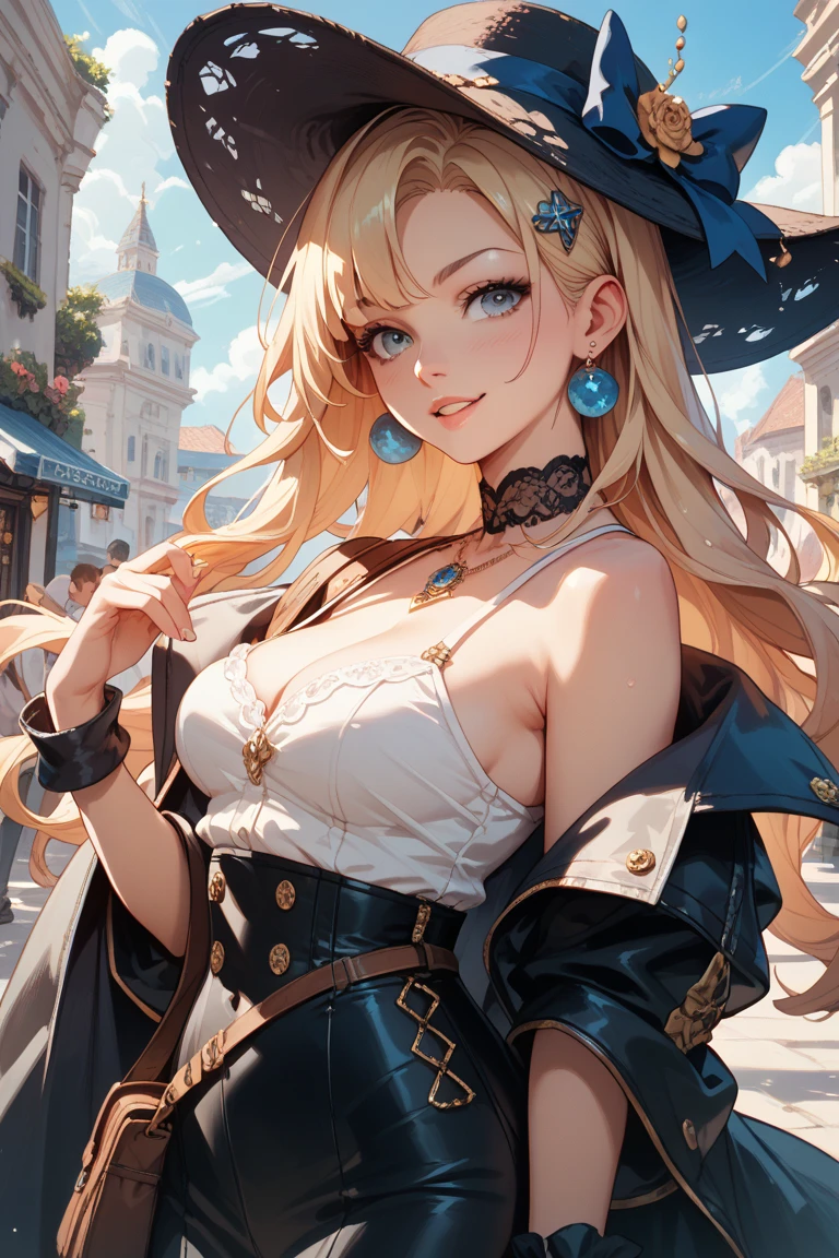 Adult Woman, Sexy Witch Cosplay, Long dark blonde wavy hair、off-shoulder knit, (Dark blue skirt), Medium milk, cute smile face、Bare shoulders、(Pose to lean forward and emphasize the chest)、(turned around)、sexy hips、Black High Heels、Luxurious magic wand and book、Church of the castle、sexy pose、(((The skirt is rolled up by the wind)))、Sexy black lace panties