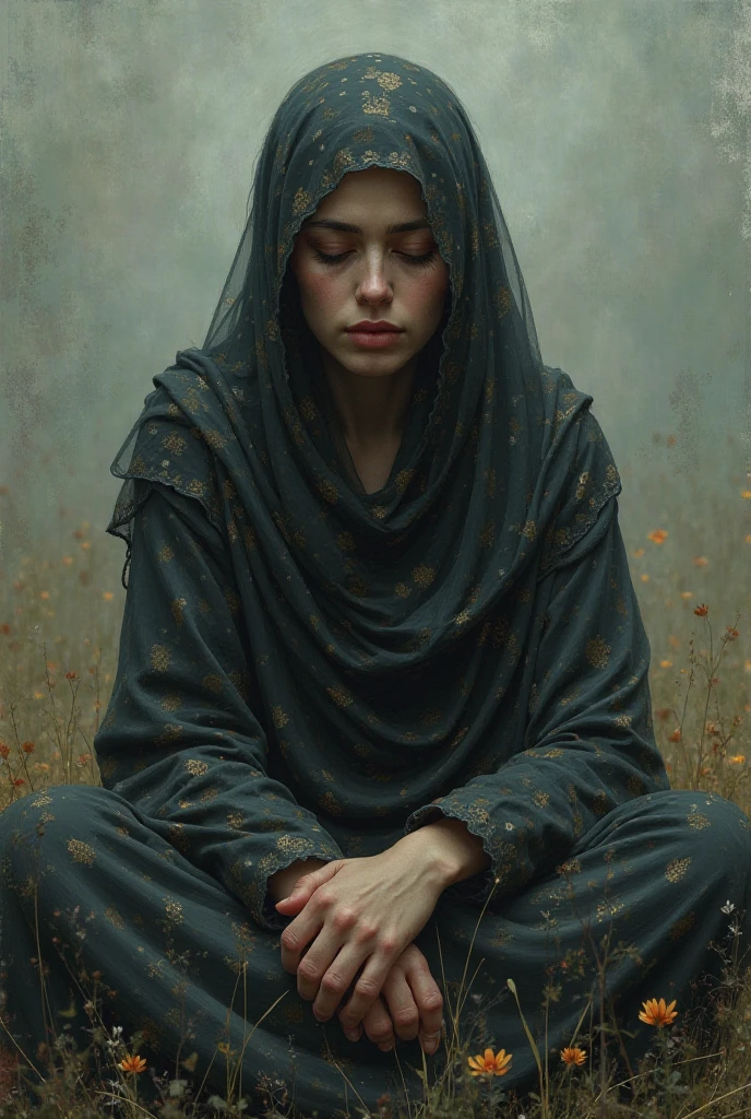 Generate the image of a sad, despised and rejected young lady crying alone in a bushy area. Let her body be well covered like a Christian
