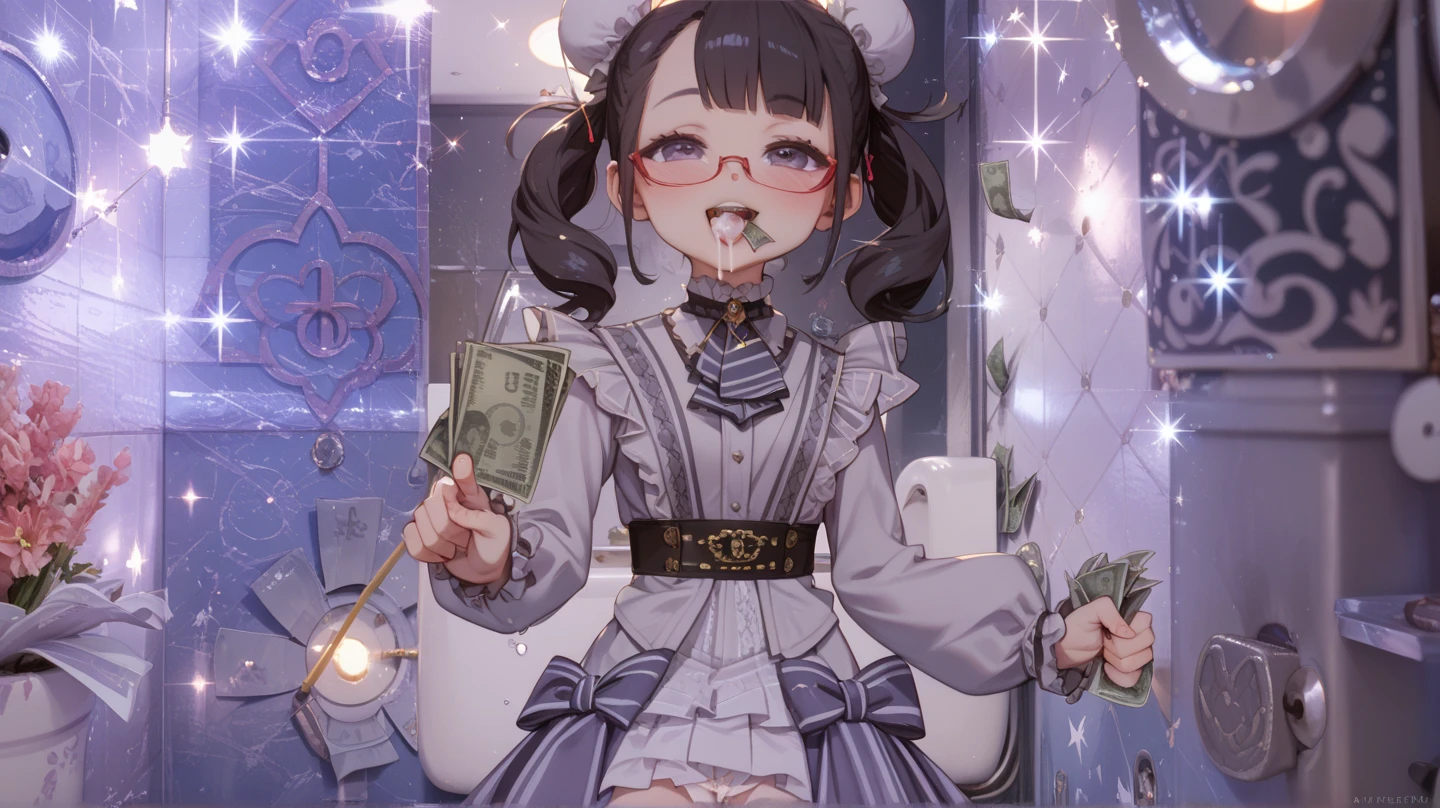 A ahegao maid blushing holding money and excited. black long hair and purple eyes. Anime Art Style. Purple Background with much money and gold.