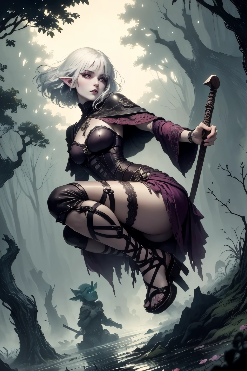 (Ultra-detailed face, Looking away, Gothic Illustration, Dark tone colors. She has five fingers on her hands and five toes on her feet.), BREAK
(Ancient ruins in the misty marshes of medieval northern Europe. Scene of a battle with swamp trolls in a swamp. Fantastic. Mysterious. Contrasts of light and shadow.), BREAK
(A young female dark elf ranger twists her body and, in a daring pose, cuts at the swamp trolls with her two-handed sword, the famous “Tongue of Fire,” which burns with flames. The swamp trolls are holding clubs and swinging them fluently at her. The viewer looks down on the woman from above.), BREAK
(She has white hair and white eyebrows, a slicked-back fringe, waist-length wavy hair, small pink lips, lavender eyes, dark purple skin, and eyeliner.), (She wears a lace-up dress, sewn from a crimson lace fabric with a medieval Scandinavian cherry blossom motif. She wears sandals with thin strings of soft brown leather woven into them.)