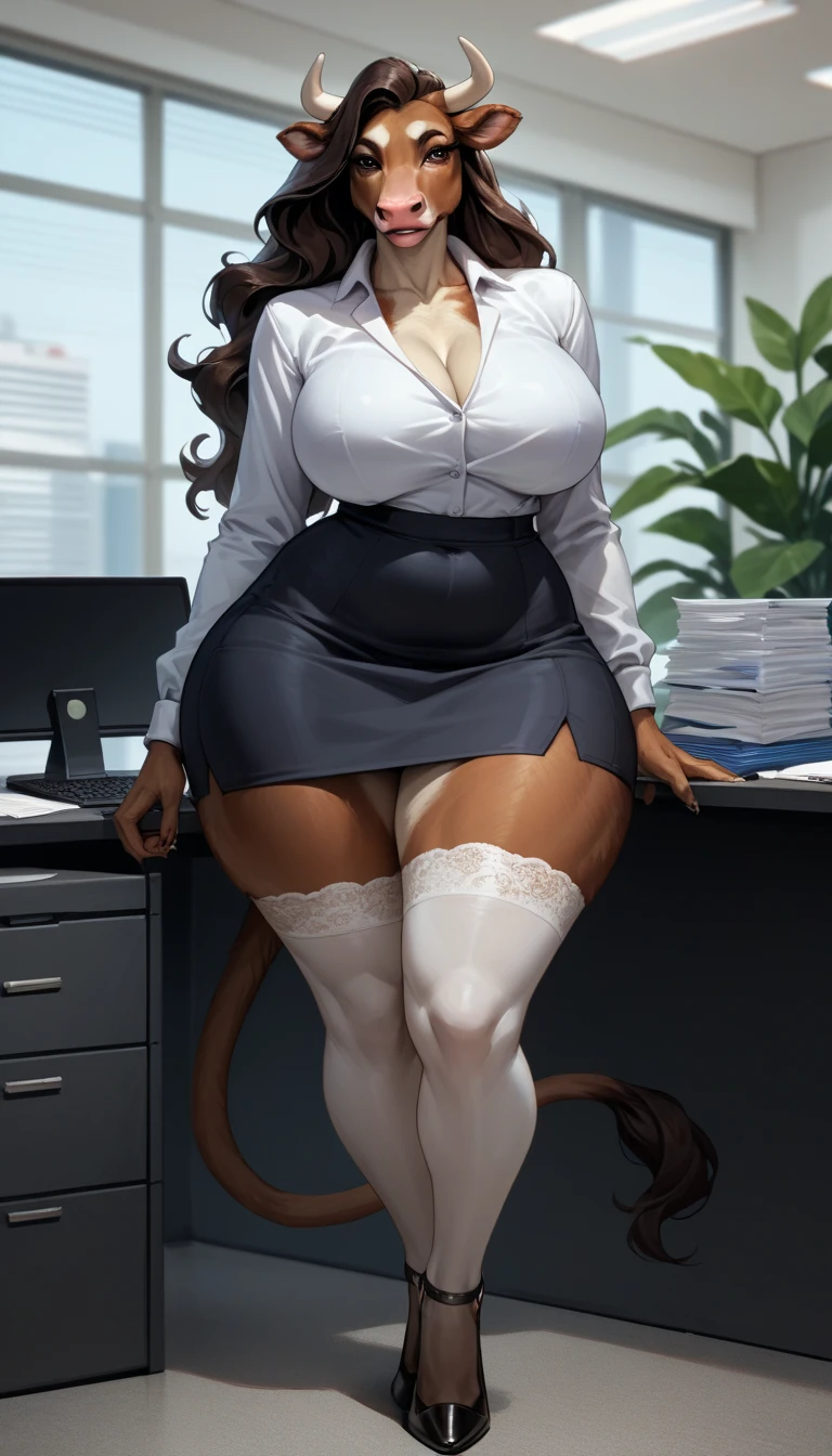 score_9, score_8_up, score_7_up, score_6_up, score_5_up, score_4_up, (solo), female anthro hyena, secretary clothes, mini skirt lusty, fluffy body, long blond hair, turquoise eyes, (thick thighs:1.5)((( offering the breasts))) sex partial clothes, (((cleavage))) (barely_visible_booba) , giant breasts , looking at viewer, lying down on the floor, front view, spreading legs, garter belt tights