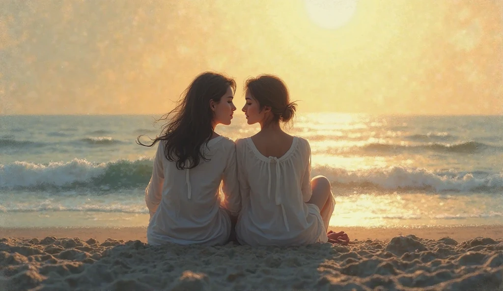 Two girls embracing eachother, a brunette and a blonde, the blonde wearing a black bikini and the brunette wearing a white bikini, sitting on the beach with a sunset in the  background , facing the camera and smiling , their big breasts are touching eachother. The sunset background is spiced up with a colored fog and the sharpest sunray that is coming through the fog is shining directly upon the girls. flowers grow in the sand and some birds are high in the sky. from the left side of the image a tiny friendly sheep is looking around the corner towards the camera and from the right side a smiling tiny woolf is doing the same