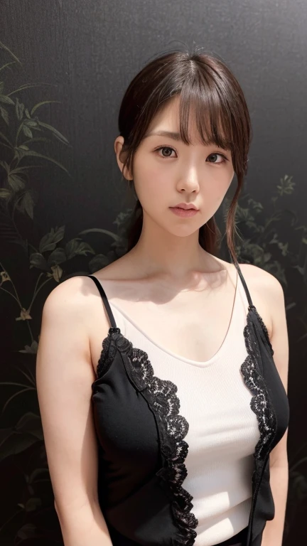 1girl, 25 years old woman, medium breasts, cute face, beautiful face, (perfectly detailed face), ((looking at viewer)), Hands behind the body, hands behind head, Simple Background, Lingerie, white background, white wallpaper, emphasizing breasts, holding breasts up with arms, photorealistic, (bokeh), UHD, anatomically correct, highres