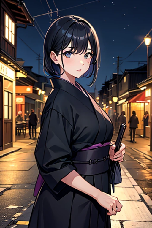 solo, Rukia_Kuchiki (short black hair, small breasts), sexy wet kimono, sexy photos in a Japanese city, night, rain