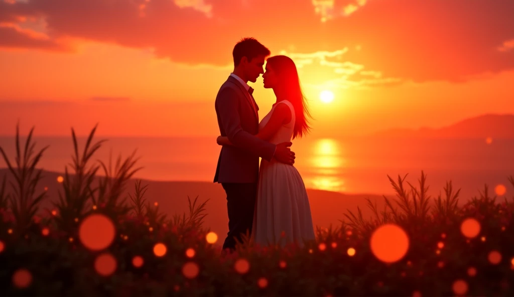 realistic, personality: [End the trailer with a captivating shot of the couple standing close together, surrounded by a stunning sunset. They share a passionate kiss, their silhouettes beautifully 
framed by the vibrant colors of the sky.]unreal engine, hyper real --q 2 --v 5.2 --ar 16:9