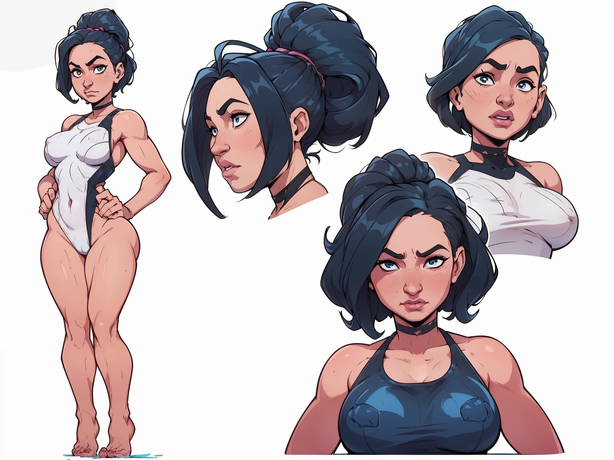 mari, wide hips, black hair, 1girl, cms, (longer wavy haircut, curly hair), k4r3nh41r, exaggerated inflated legs, 4k, highly details, (((tiny breasts))), ((wearing a one piece bathing suit, barefoot)), sensual, 4k, highly detailed face, perfect skin, detailed face, focus on eyes, anatomically correct, ((((reference sheet, simple white background, (multiple views), (full body), dynamic pose,,)))), scared expression