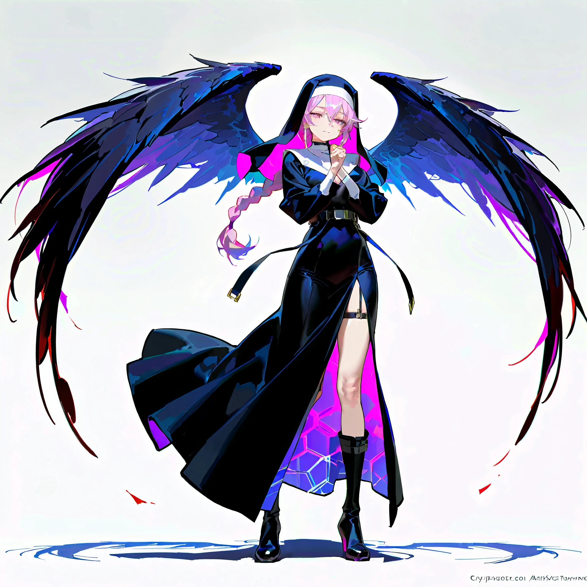 (((masterpiece))), (((Best Quality))), ((Ultra-detailed)), (High Definition anime Illustration), ((extremely delicate and beautiful)),solo, Full body, light peach hair in a single braid,narrow eyes,(Japanese nun’s habit)(dark purple cyberpunk kimono)shadow wings extending from the back. Shadows boiling and seething at Her feet, shadow hiding countless eyes and fanged maw,Cyberpunk shadow maiden(Character Focus),highly detailed, Colorful, highest details, Digital Painting, 8K High Resolution, Whole body, full body standing, (((white background)))