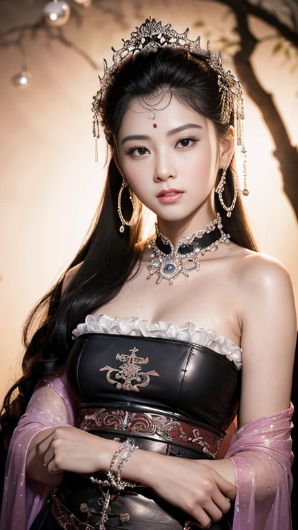 Portrait of a young saint of 20 years old, Saint with a beautiful and super cute face,Wearing a very thin and sexy Ao Dai, Beautiful cute face, There is a deep slit in the chest、Black and white lace trim attractive Ao Dai, Beautiful face without blemish, Lovely smile, ((7 colors of hair length:1.2)), Big Crown, Hair brooch, Hamf Dress, Chinese ancient style, Full Body Jewelry, The female saint's chest is round、It's so full,small breast, Innocent face, The most beautiful and detailed pale red lipstick, ((thin plump lips:0.3)), Delicate pink and white eyes (White and detailed) Cinematic, Light and Darkness, Dramatic Lighting, magical light, Highly detailed light, True Color, Super sharp, Realistic, The 8k quality, Fantasy universe background, Saints and magical spaces, The most detailed image, Solo, saints, ((See the saint's upper body directly:0.4)), ((:0.5)),
