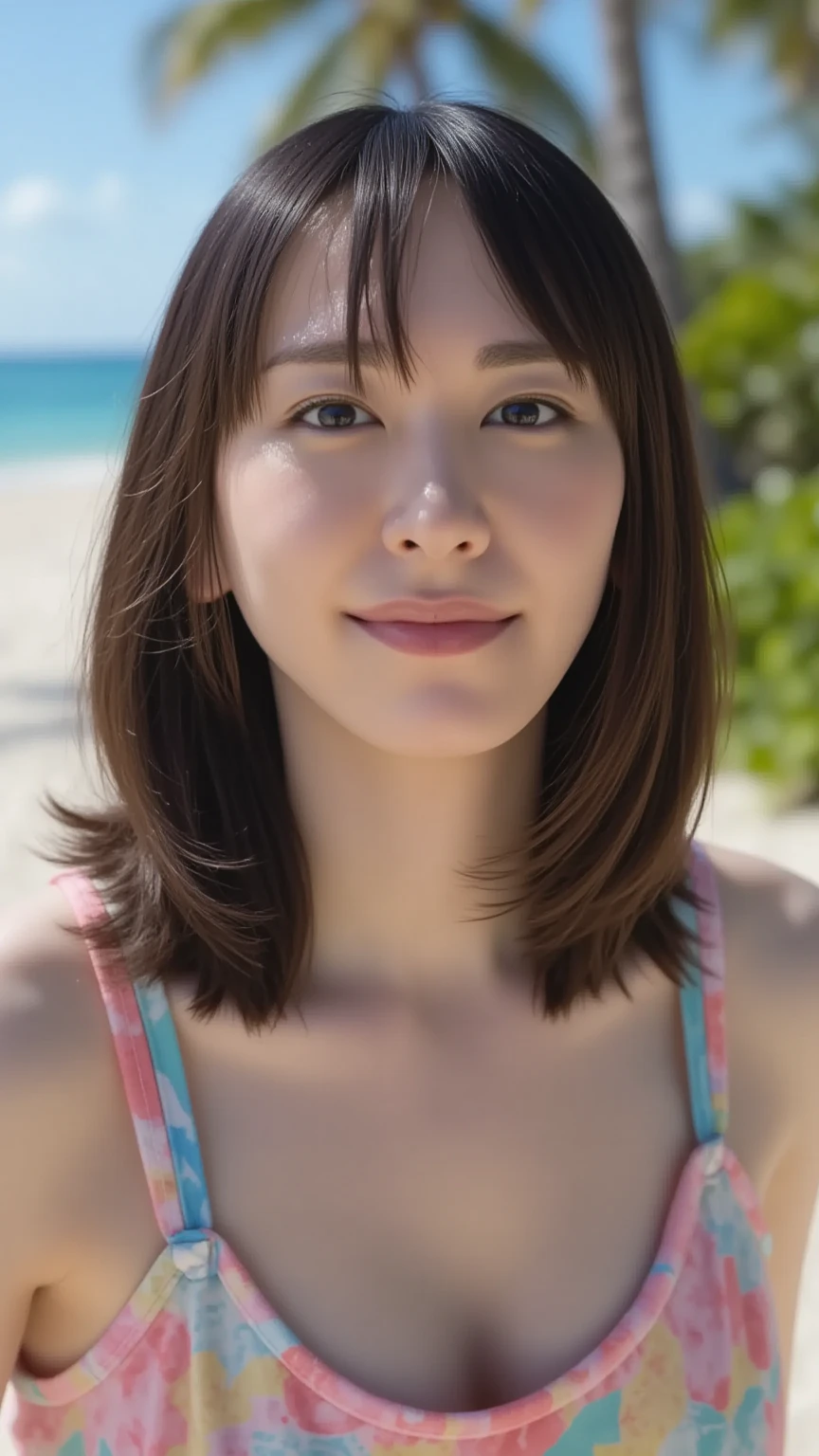 ((from below:1.5)), ((whole body:1.5)), (ultra detailed), (masterpiece), (best quality), Highest quality, Realistic, Surreal, Highest quality, Extremely detailed CG, Very delicate, 16K wallpaper, High resolution, 1 Girl, 43歳の日本people女性, (small eyes:1.5), ((Thin lips)), ((Two very small moles on my right cheek:1.5)), (Skin dents), Medium Chest, (Beach:1.5), (Sea and sandy beaches:1.5), people々, (beautiful long straight hair:1.5), (bangs:1.5), (white bikini:1.5), (I wore it:0.8), Nice, bloom, Floating Hair, (Dynamic pose:0.6), BREAK ((in the night:1.5)), Beautiful moonlit night sky, (Shy Smile:1.2), Thin lips, slim, (Highly detailed face), (Highly detailed facial expressions), (Face the front completely:1.5), ((Looking into the camera:1.5)), Slender body, Large file size,