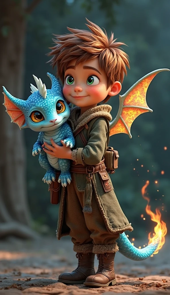 Boy with blue hair and dragon on him sholder