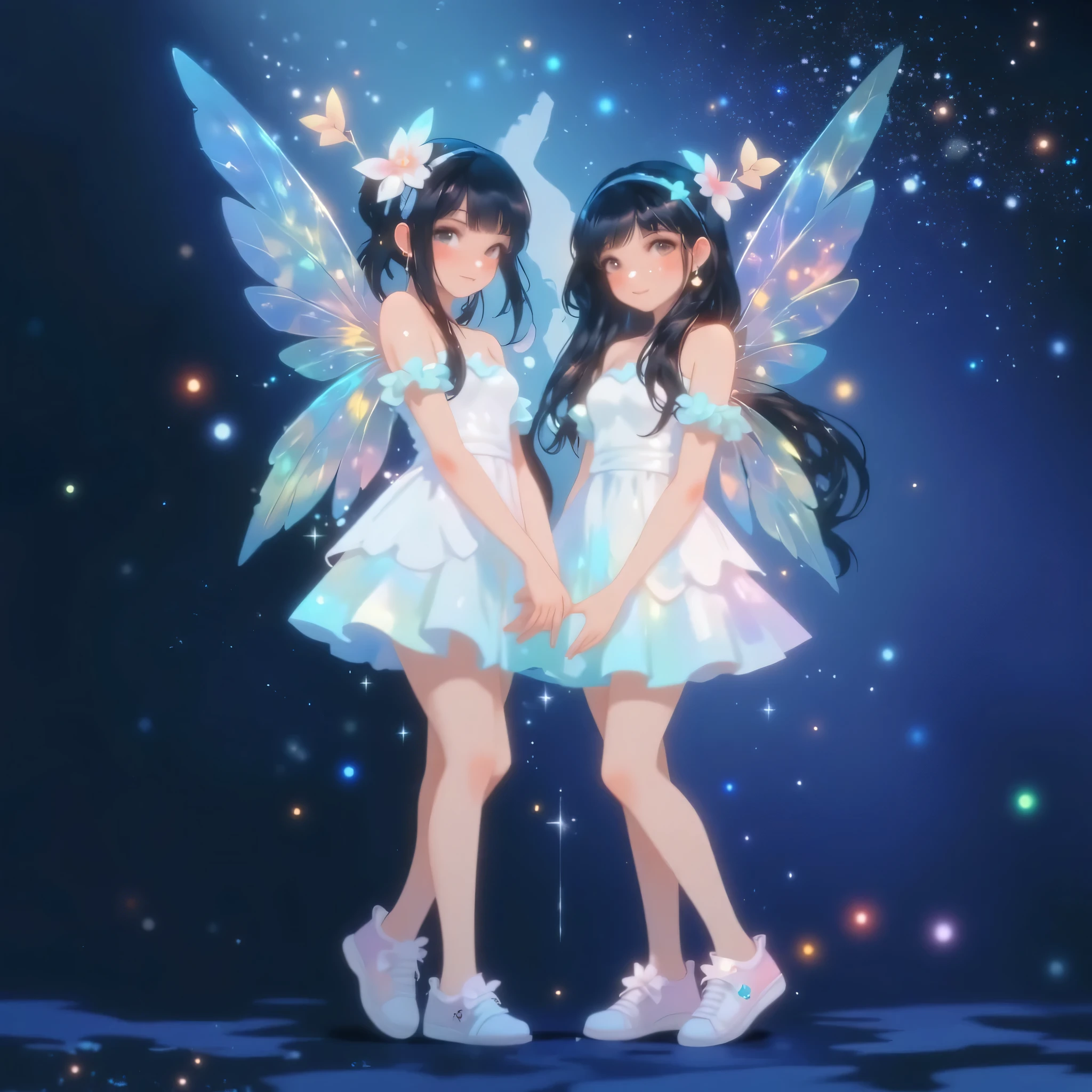 (EyesHD:1.2), masterpiece, best quality, ultra-detailed, very aesthetic, sharp focus, depth of field, vibrant colors, ray tracing, best lighting, detailed illustration, detailed background, cinematic, beautiful face,beautiful eyes,
cute 2girls,couple,fairy,they have wings,
beauty dress,
starry background,