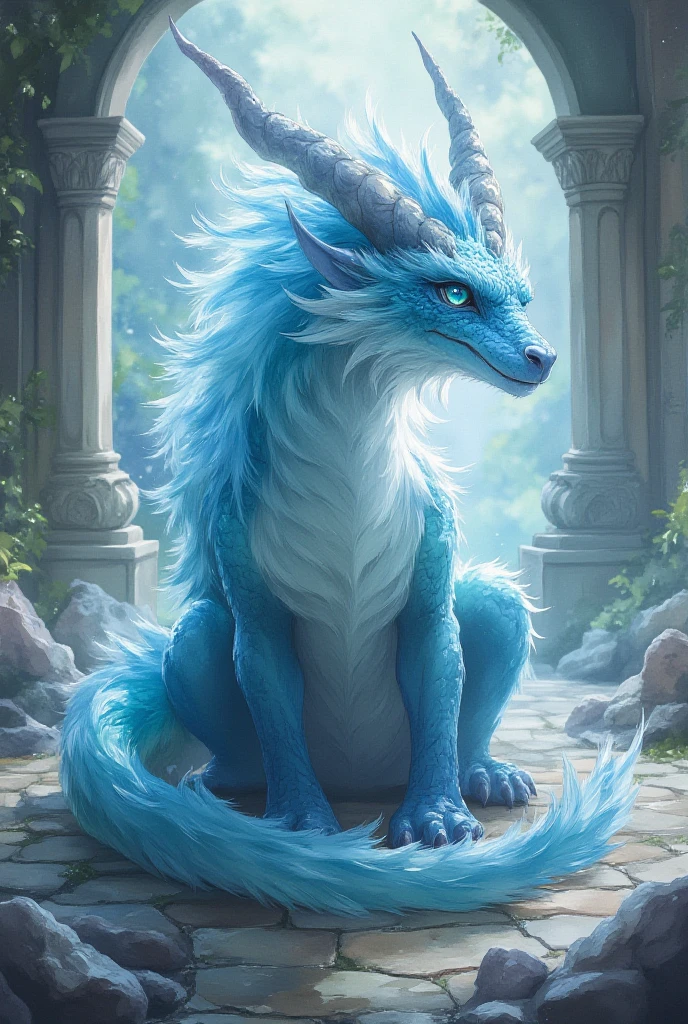 masterpiece, Highest quality,Japan Dragon God、Blue dragon、Rin々A gentle and calm expression、With fluffy fur。Flying in a circle。No wings、Sparkling and kind eyes、Its snake-like, slender body is so long that it doesn't fit on the screen.、The background is a waterfall and a rainbow、Beautiful mane、The hands and feet have claws