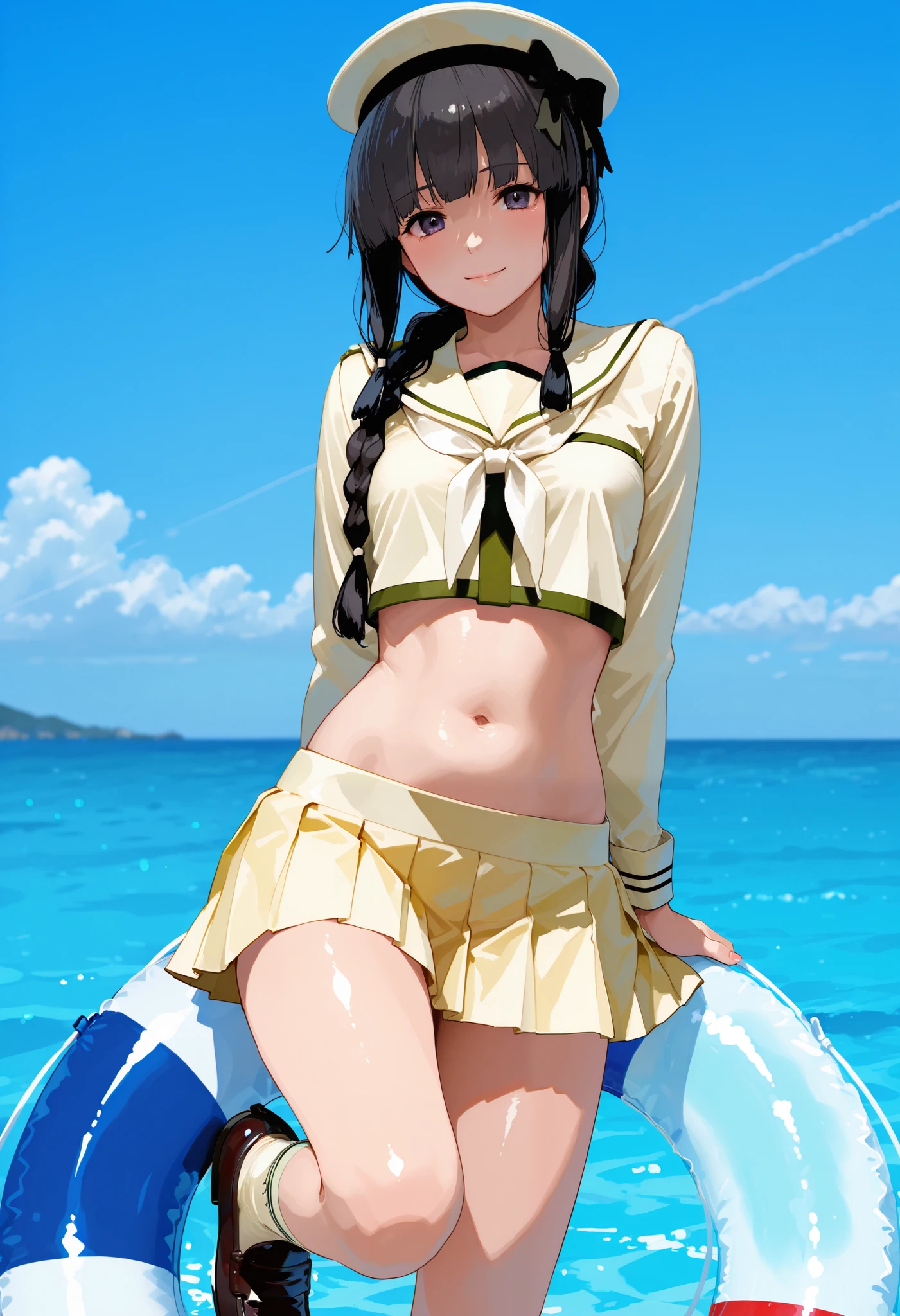 Kitakami [Kai Ni Outfit] (Kantai Collection), 1 girl, 北superior (KanColle), black hair, pleated skirt, Single Braids, school uniform, long sleeve, long hair, sailor suit, side lock, short bang, Neckerchief, sailor color, Headwear ribbon , belly button, thin waist, superior, knee-high, hair bows, loafers, crop top that rubs your back and chest, chest, hair hanging over the shoulders, dark eyes, yellow skirt over swim ring, cowboy shooting, black hair,