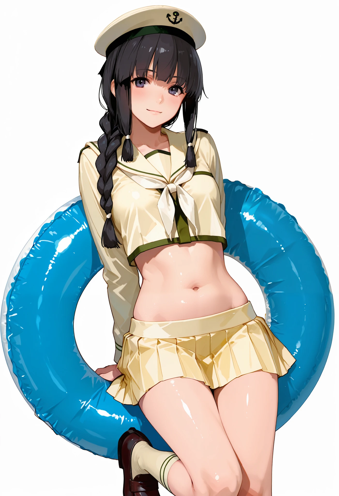 Kitakami [Kai Ni Outfit] (Kantai Collection), 1 girl, 北superior (KanColle), black hair, pleated skirt, Single Braids, school uniform, long sleeve, long hair, sailor suit, side lock, short bang, Neckerchief, sailor color, Headwear ribbon , belly button, thin waist, superior, knee-high, hair bows, loafers, crop top that rubs your back and chest, chest, hair hanging over the shoulders, dark eyes, yellow skirt over swim ring, cowboy shooting, black hair,