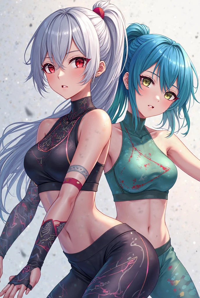 two anime girls with long hair and blue eyes are standing next to each other, two beautiful anime girls, anime girls, anime style illustration, anime style artwork, anime style, in anime style, anime inspired, anime cover, anime style art, onmyoji, vermillion and cyan, anime style only, anime styled, range murata and artgerm