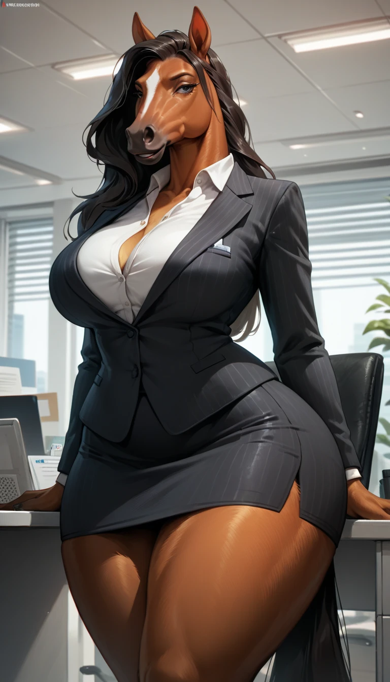 (((((full body))))), (((muscular body))), (((muscular))), masterpiece, best quality, anime, anatomically accurate, detailed face, pretty face, extremely detailed face, ((((1girl)))), (((long hair))), (((long legs))), (((huge breasts))), ponytail haircut, black hair, (((sitting on office desk))), (((dark skin))), big and expressive eyes, (wearing office lady suit with stocking), white shirt, pencil skirt, pantyhose, legs spread, (muscular legs), mesmerizing hair, muscular hips, (Perfect hands and fingers very well detailed), full body photo, in the office corridor, 20 years old, reflection in the eye, dark eyes, anime, Anime Style, cinematic lighting, ray tracing, panorama, Sony FE, high definition, artwork, Anatomically Correct, Textuvermelho Skin, super detail, high quality, high resolution, high definition