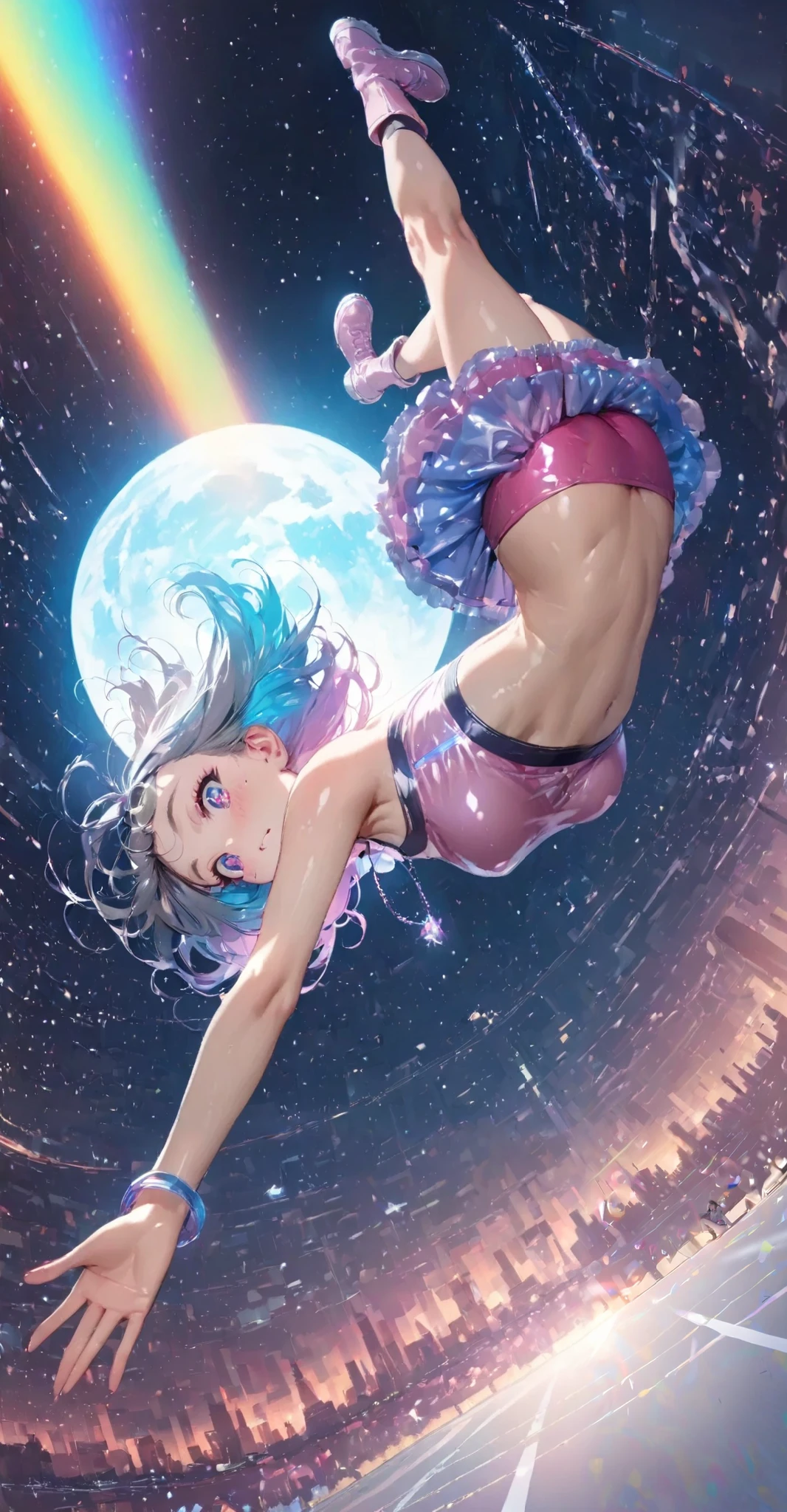 (best quality,4k, highres, masterpiece:1.2), ultra-detailed, (realistic, photorealistic, photo-realistic:1.37), vivid colors, physically-based rendering, HDR,UHD, extreme detail description, studio lighting, bokeh, sharp focus, professional, portraits, beautiful young Japanese woman, Ryo, soft, silky wavy purple hair, mesmerizing violet eyes, plump, kissable lips,essence of beauty, kemono with flowers blooming patterns opened up, no belt, pink bikini, top-notch figure, big bouncing breasts, running on the sandy beach, playful smile, carefree laughter, joyful expression, companion by her side, girlfriend, holding hands, matching pink bikinis, carefree laughter, gentle sea breeze, warm sunlight, golden sand beneath their feet, crystal clear ocean, splashing waves, happiness, , summer escape, unforgettable memories. Naked people in background