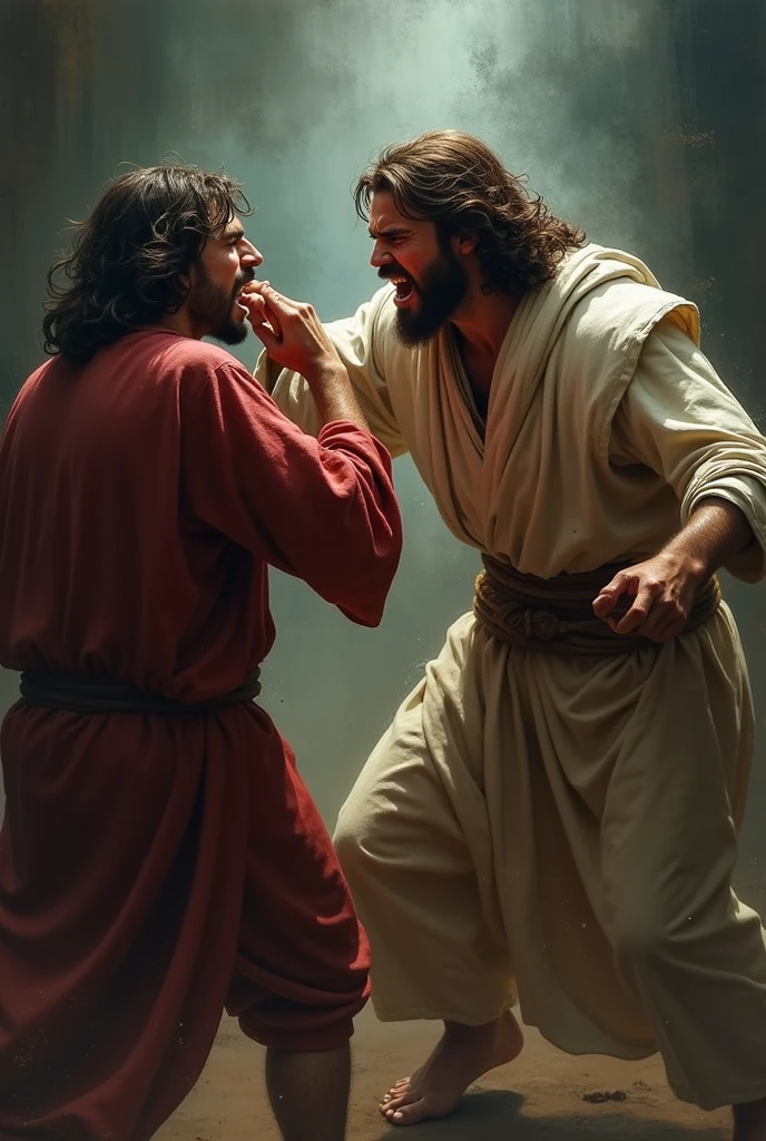 <lyco:Segal_SDXL_V2:1.1> <lora:fight:0.7> (8k, analog movie still, highest quality, natural lighting, photorealistic, realistic, masterpiece, intricate, sharp focus, blurred background, gritty, brutal), fight scene, 1boy and 1girl fighting each other, (a bearded steven segal man as Jesus Christ:1.5) punching an (emaciated and terrifying female Satan during an eery night:2), (an emaciated and terrifying female Satan is screaming in an aggressive posture, her torn robe fluttering in the wind:1.5), (Temptation of Christ:1.5), (dynamic scene on a rocky precipice in the desert during a storm:2), (an orcan blowing up dust:2), (movie still from the infamous Cannon Film production "Jesus: Marked for Death":1.2), (Jesus trilogy:1.2), (dressed in a simple shroud:1.5), (absolutely sure that he will get an Oscar for this role as the best Jesus Christ ever:2), (convinced that the New Testament needs more action scenes:2), (charismatic:1.5), (unbelievably humble:1.5), (ready to knock her teeth out:1.5), (awe-inspiring:1.5), (sublime:1.5), (epic:1.5), (awesome:1.5), (perfect body:1.5), (detailed face:1.5), (beautiful eyes:1.3), (incredibly intense stare:1.5), (dramatic facial expression:1.2), (battle:1.5), (combat:1.5), (dynamic movement:2), (expressive posture:1.5), (better than Ben Kingsley:1.5), (eery atmosphere:1.5), (frightening atmosphere:1.5), (night:2), (full moon:1.5), (foggy:1.2), enterthematrix
