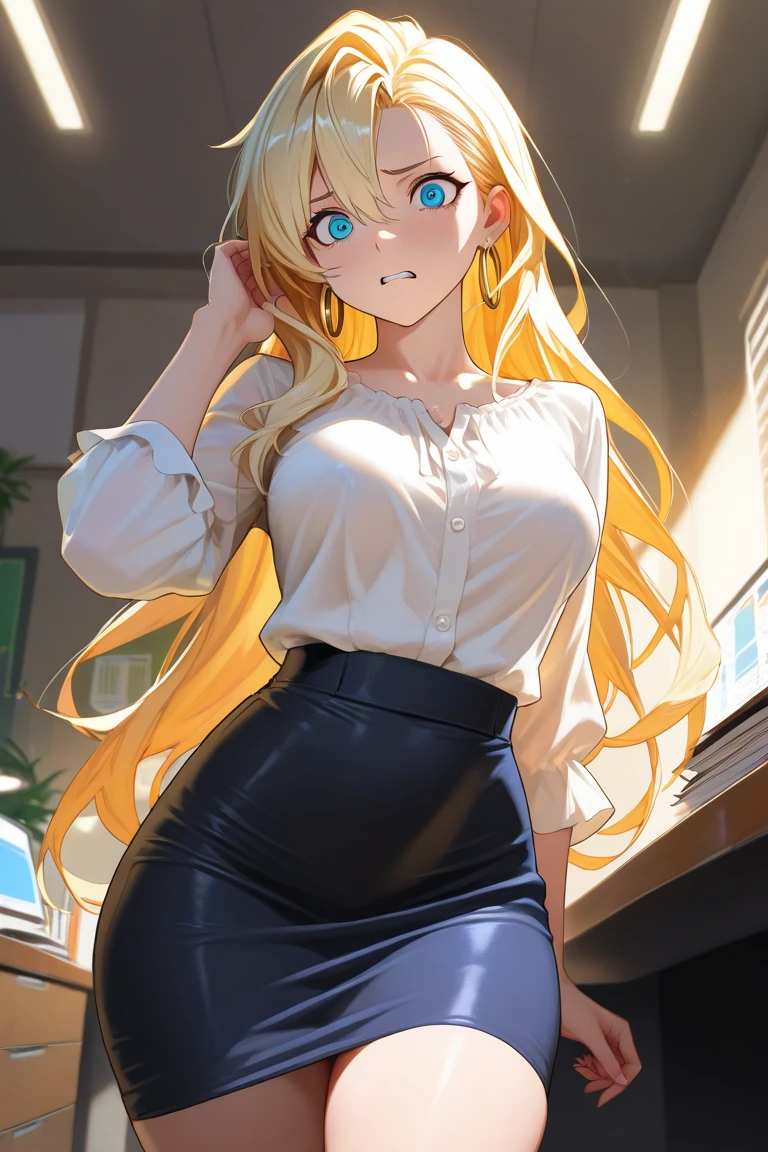 Safe for work, masterpiece, best quality, solo, 1 girl, cute girl, wholesome girl, (young female body:1.4), ( medium small breasts), cowboy shot, shy smile, flustered, yellow hair, voluminous wavy hair, extra long hair, hime cut, very blunt bangs, light blue eyes, office room, sweater, white knitted sweter, tucked in shirt, black denim skirt, tight black skirt, sweater tucked into waistband, tights,