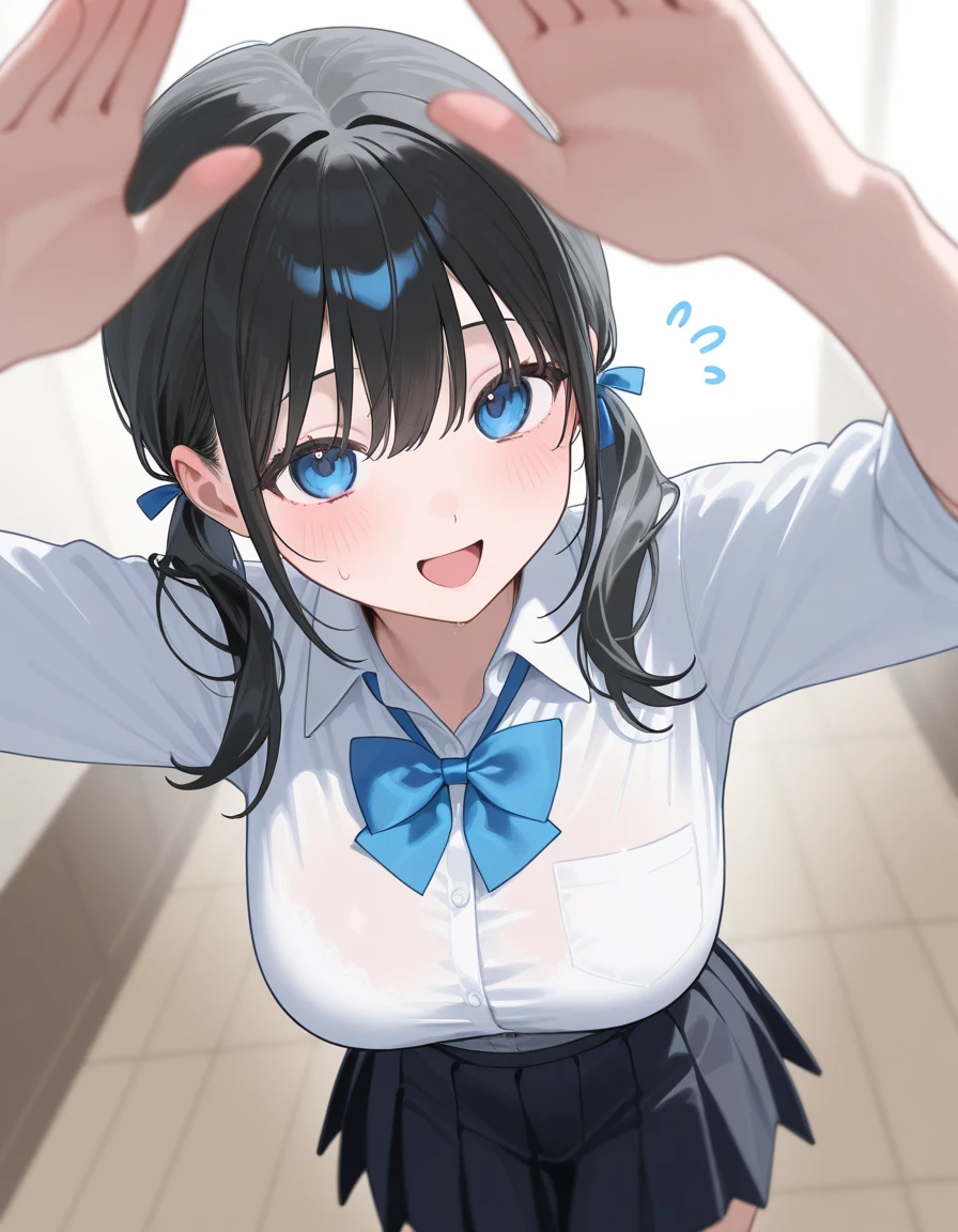 (high quality, 8k, 4K, High Contrast, masterpiece:1.2, 最high quality, Best aesthetics), 1 Female, (Real skin texture:1.3), (Film Grain:1.3), (Selfie angle, High angle), One girl, Beautiful and detailed eyes and face, 最high quality, close, cowboy shot blackhair , Blue inner hair Whiteshirt darkBlue skirt (show of black bra) (sow off pussy)(pussy juice)Ahegao Squirting on the hotel bed 横たわってる