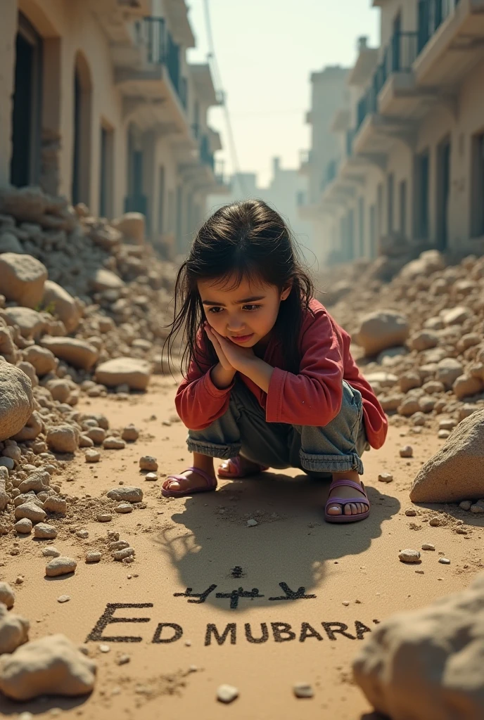 Palestine baby cry in in background war and destroyed village and withthe text why avoiding us