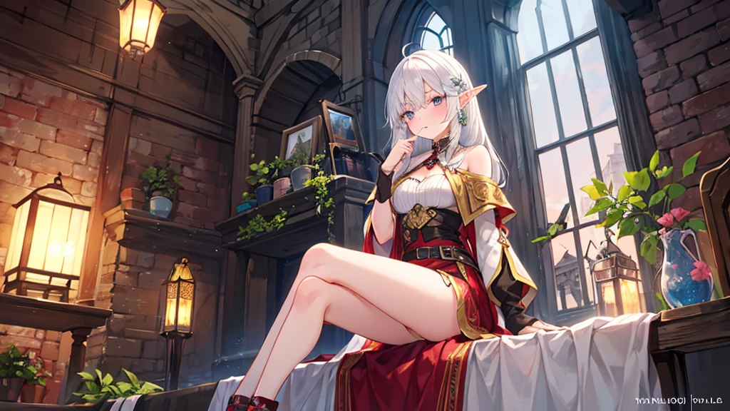 Female Elf、Twintails with white hair、Green eyes、White robes and skirts、Black tights、Brown boots、sorcerer、cana、Medieval cityscape