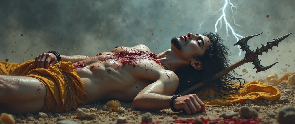 Clean shaven sadhu lying wounded on the ground, surrounded by militant
