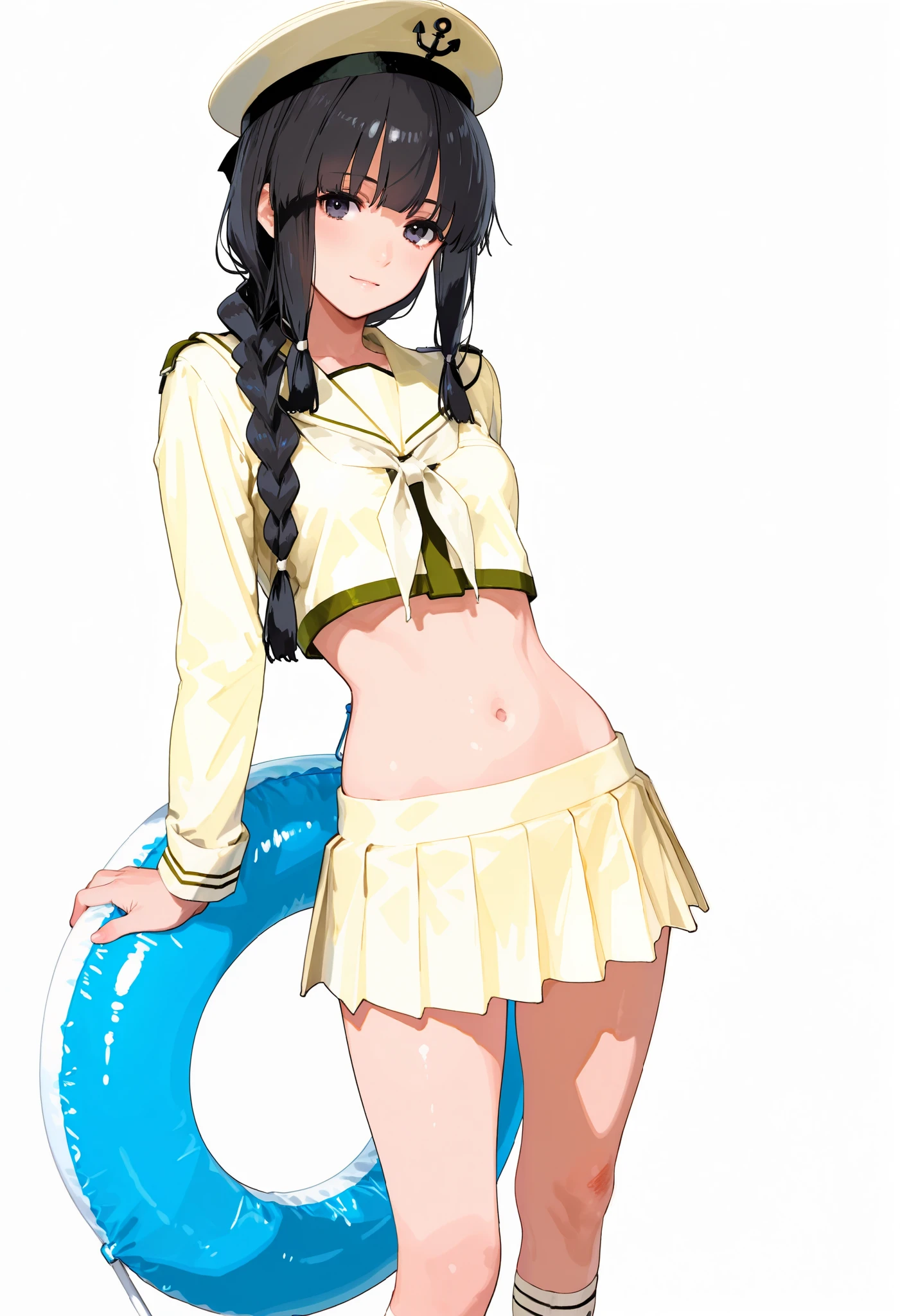 Kitakami [Kai Ni Outfit] (Kantai Collection), 1 girl, 北superior (KanColle), black hair, pleated skirt, Single Braids, school uniform, long sleeve, long hair, sailor suit, side lock, short bang, Neckerchief, sailor color, Headwear ribbon , belly button, thin waist, superior, knee-high, hair bows, loafers, crop top that rubs your back and chest, chest, hair hanging over the shoulders, dark eyes, yellow skirt over swim ring, cowboy shooting, black hair,