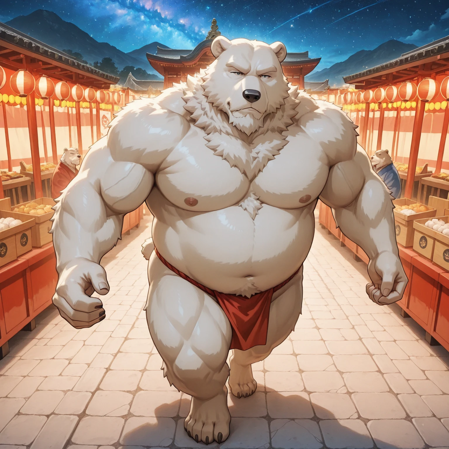 cute Obese fat overweight polar bear, bright lighting, full of effects, background effects, digital illustration, masterpiece, anime style, perfect obese anatomy, perfect face, centered, approaching perfection, dynamic, highly detailed, artstation, smooth, sharp focus, illustration, trending on pixiv, intricate details, highly detailed, balls, white male panties