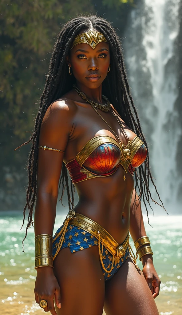 (Best Quality, 8k, 32k, Masterpiece, UHD: 1.2, Ray Tracing: 1.2, Real: 1.2), 1girl, (Side: 1.5), (dark skinned:1.3), (Best quality, masterpiece), black skin, Athena goddess of war, Ancient alien goddess, water flow, (dreads:0.9), clouds, particles, aura, looking at the audience, 8k resolution, contempt, pride, Hyper realistic, Nikon D850, Photography, Picture of the week, full body, bare footed,