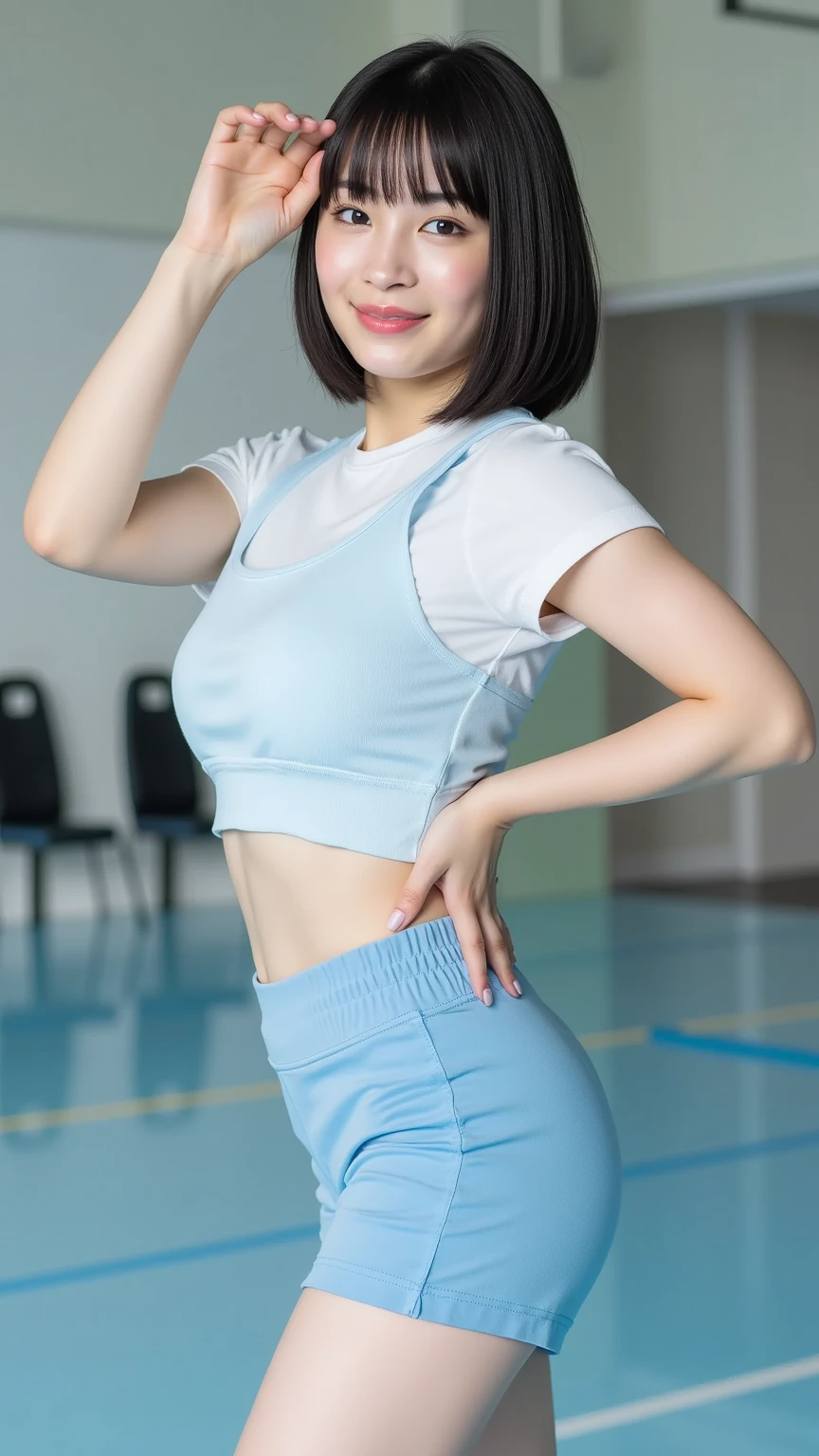 A beautiful young Japanese woman dances wearing a plain navy blue T-shirt and white shorts. Focal length 100mmf/2.8, spring morning, sunny, living room on the upper floor of a high-rise apartment, well-shaped face, profile, serious expression, toned body, plain navy blue T-shirt, white shorts, large arm movements, body Rotating movement, low angle, maximum close-up of the eyes, sense of realism, sense of dynamism, 8K image quality, highest quality.
