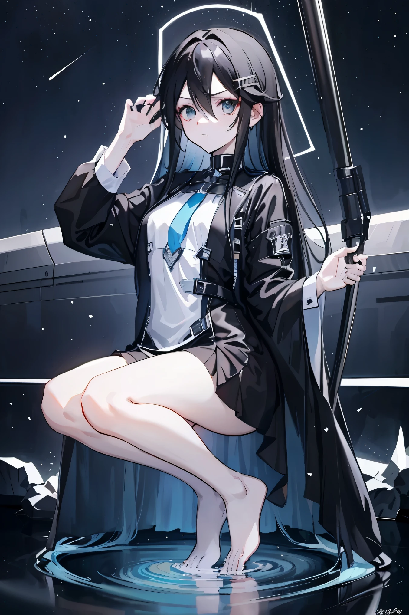 black gradient hair , Asymmetric Hairstyle,((Thick hair 1.8,Clear head outline 1.6)), hair on shoulders, messy hair, very long hair, shiny hair,(black hair:1.2),a beautiful girl,(luxury platinum mini Lolita,made of transparent material),(Transparent clothes transparent 1.8),perfect body,High,Slender,(Looks sad,disgusted、disgusted、 Pale Nipples ,Grief, Close Your Mouth :1.2) against the background of an unusually bright dark starry sky,(and place your hands behind your back),(Round, CUHK, Firm breasts),barefoot,float,water surface,(Long Method,Long Method,Long Method,Perfect leg shape), full body shot,Female Kirito