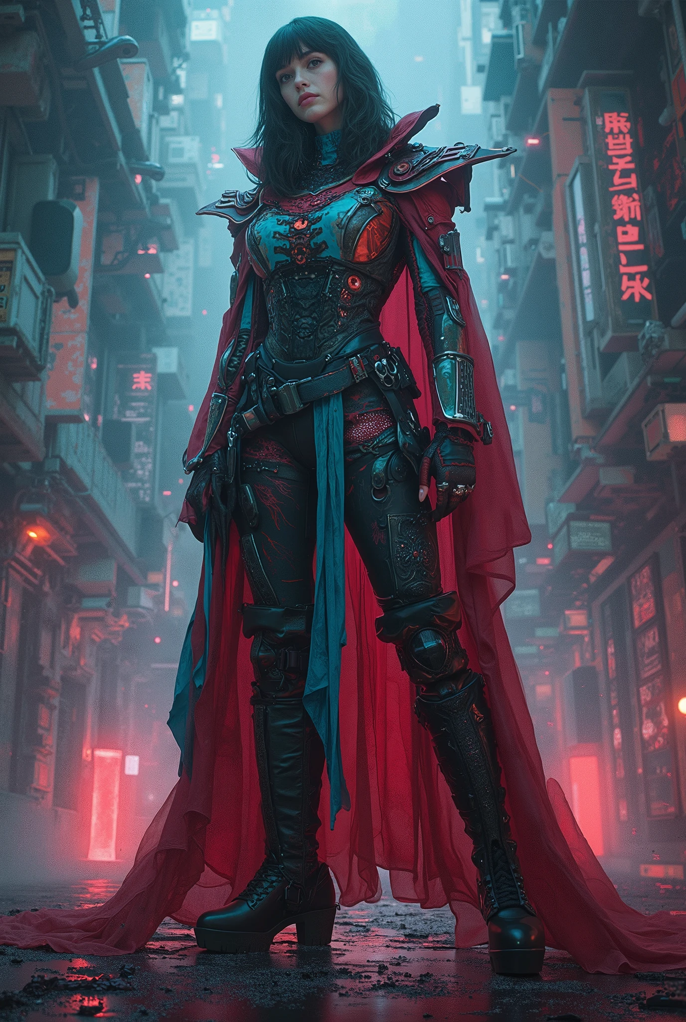 A stunning tall woman, (posing like a fashion model:1.5), (She is an anti-hero wearing intricated desighned vivid red and light blue and dark gray uniform:1.7), neon colored mechanical biomorphism, horror art, intricate details, maximalist perfect illustration, digital painting art, quantum world, place of fear, surreal,dark, ominous,nightmarish, twisted, unsettling, unnerving, otherworldly, abstract, geometric, futuristic, cyberpunk, chiaroscuro, dramatic lighting, moody atmosphere, rich colors, deep shadows, glowing elements, unsettling anomalies(best quality,4k,8k,highres,masterpiece:1.2), ultra-detailed,(realistic,photorealistic,photo-realistic:1.37), from below