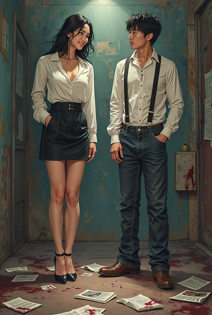 extremely Realistic, graphic, masterpiece, A detailed scenario of an restroom, Detailed background of an restroom, standing sexy tall Japanese (Woman 1), (Woman 1 standing facing camera:1.9), (long pensil skirt), (The woman has huge tits and Big Ass), (long legs), (pantyhose), (high heels),  (((disdain expression))), Blushed, small middle-aged Japanese man touches woman's breasts from behind, (man is ugly short Japanese:1.5), (man wears shabby clothes), (((man pressing his chest on Woman 1 back))) 