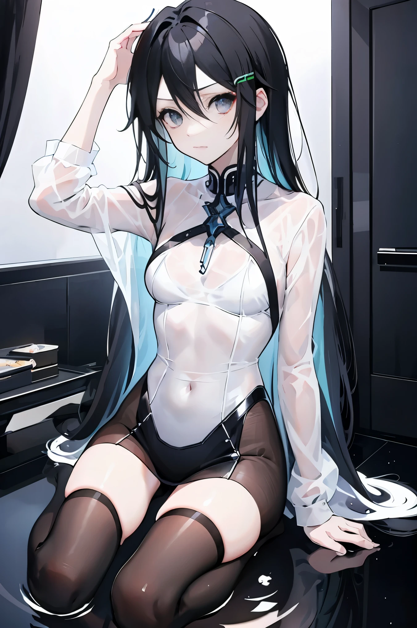 black gradient hair , Asymmetric Hairstyle,((Thick hair 1.8,Clear head outline 1.6)), hair on shoulders, messy hair, very long hair, shiny hair,(black hair:1.2),a beautiful girl,(luxury platinum mini Lolita,made of transparent material),(Transparent clothes transparent 1.8),perfect body,High,Slender,(Looks sad,disgusted、disgusted、 Pale Nipples ,Grief, Close Your Mouth :1.2) against the background of an unusually bright dark starry sky,(and place your hands behind your back),(Round, CUHK, Firm breasts),barefoot,float,water surface,(Long Method,Long Method,Long Method,Perfect leg shape), full body shot,Female Kirito