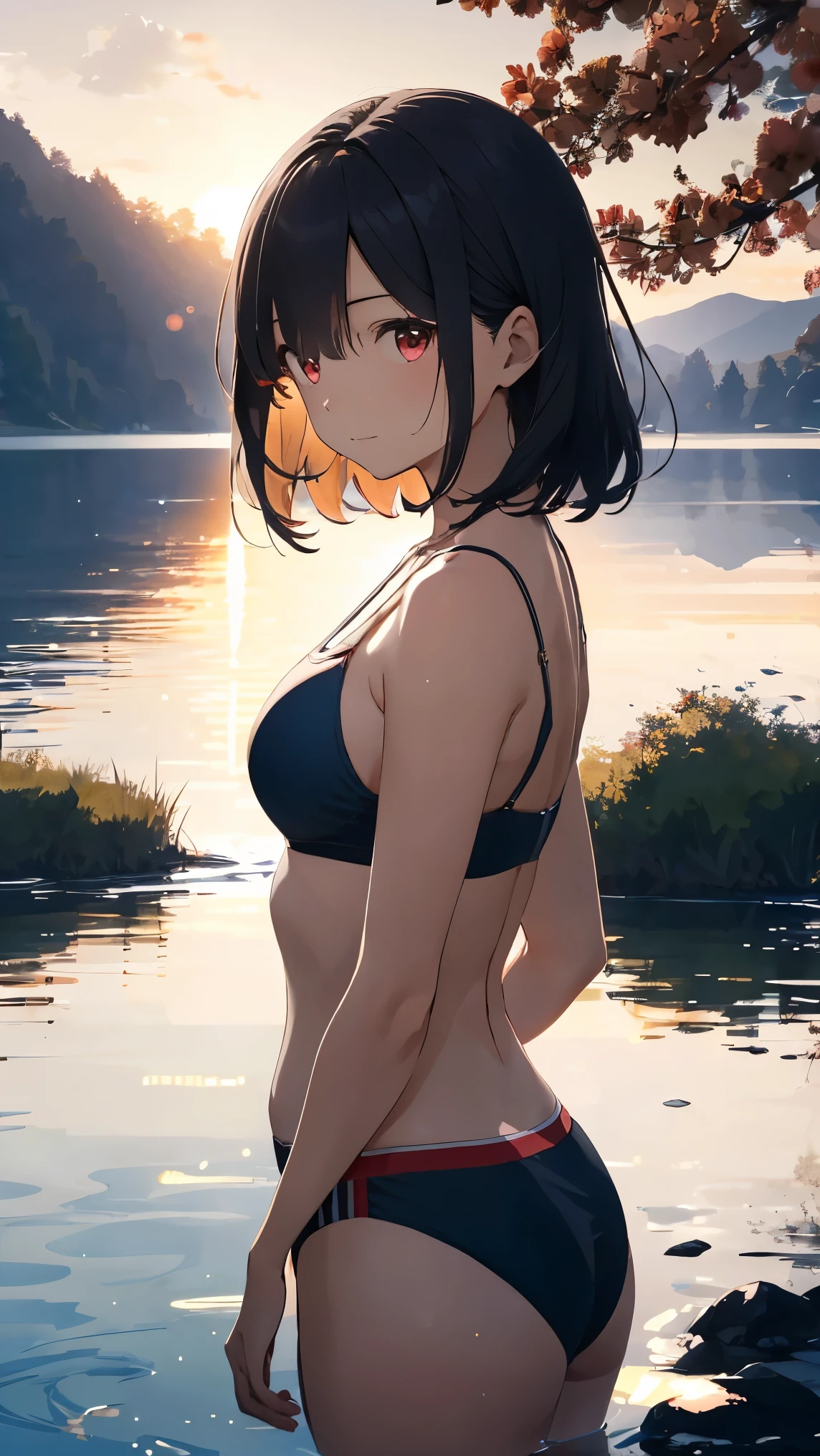masutepiece,hyper quality, Hyper-detailing,Perfect drawing,nffsw,3D,8K,illustratio、Hi-Res、(((Two beautiful girls)))、The bikini、swim wears)、(Sitting on the breakwater)、Close your eyes、((French Kissing))、the setting sun、Horizon、shores、Back lighting、Sparkling water surface、beatiful backgrounds、Accurate drawing、Detailed drawing