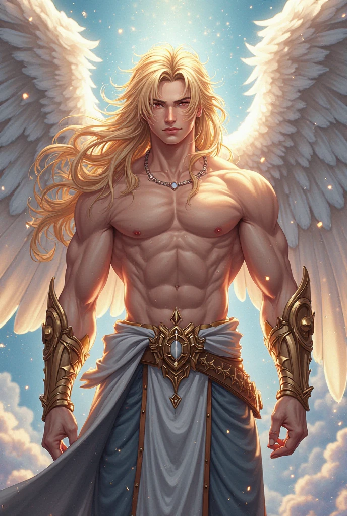 an archangel priest, handsome, attractive, slender, with long wavy light blond hair, with blue eyes, muscular torso, light cream pants, huge white wings, staff and a sword, against the background of the blue sky with clouds and rays of sunlight