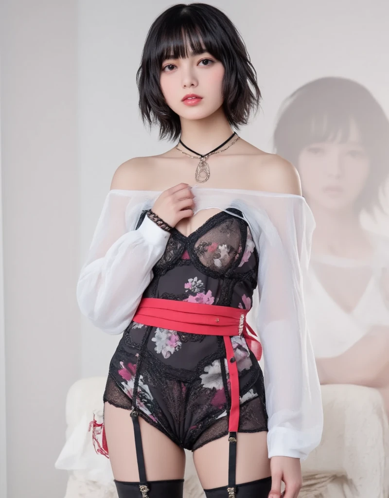 ((masterpiece:1.4, Highest quality)), ((masterpiece, Highest quality,8K)), (Photo Real:1.4), Mid-chest, woman, (Boa Hancock, Cape, Epaulettes:1.2, Cleavage:1.2, jewelry, Earrings), ((Red abdomen: 1.2)), Cleavage, (Long sleeve: 1.5), Big black eyes, cute, young, ((hand hart: 1.7)), (Asian House, interior, window, ( Wink: 1.5, Close one eye: 1.5), smile), Cowboy Shot, Professional Lighting, Physically Based Rendering