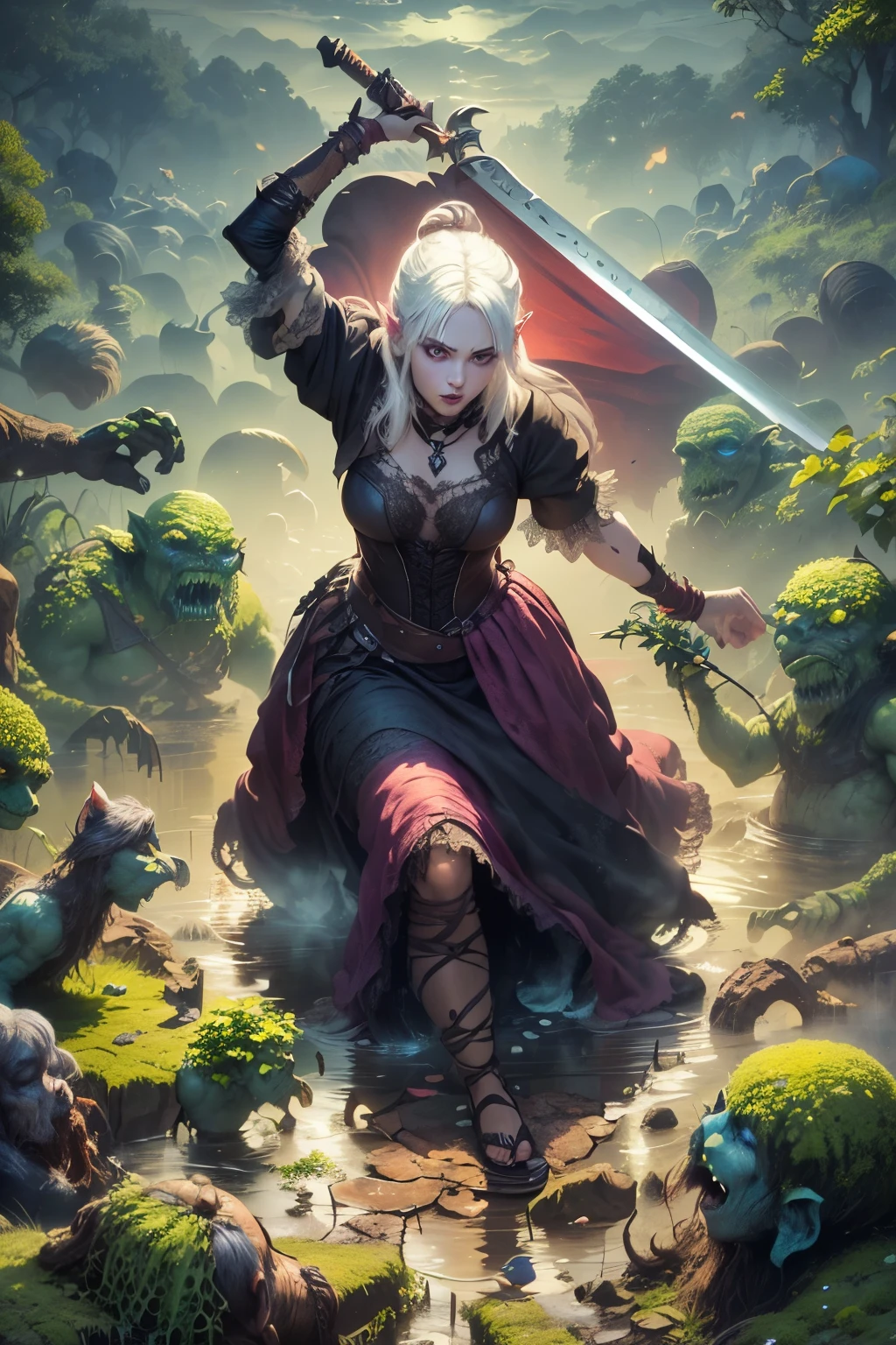 (Ultra-detailed face, Looking away, Gothic Illustration, Dark tone colors. She has five fingers on her hands and five toes on her feet.), BREAK
(Ancient ruins in the misty marshes of medieval northern Europe. Scene of a battle with swamp trolls in a swamp. Fantastic. Mysterious. Contrasts of light and shadow.), BREAK
(A young female dark elf ranger twists her body and, in a daring pose, cuts at the swamp trolls with her two-handed sword, the famous “Tongue of Fire,” which burns with flames. The swamp trolls are holding clubs and swinging them fluently at her. The viewer looks down on the woman from above.), BREAK
(She has white hair and white eyebrows, a slicked-back fringe, waist-length wavy hair, small pink lips, lavender eyes, dark purple skin, and eyeliner.), (She wears a lace-up dress, sewn from a crimson lace fabric with a medieval Scandinavian cherry blossom motif. She wears sandals with thin strings of soft brown leather woven into them.)