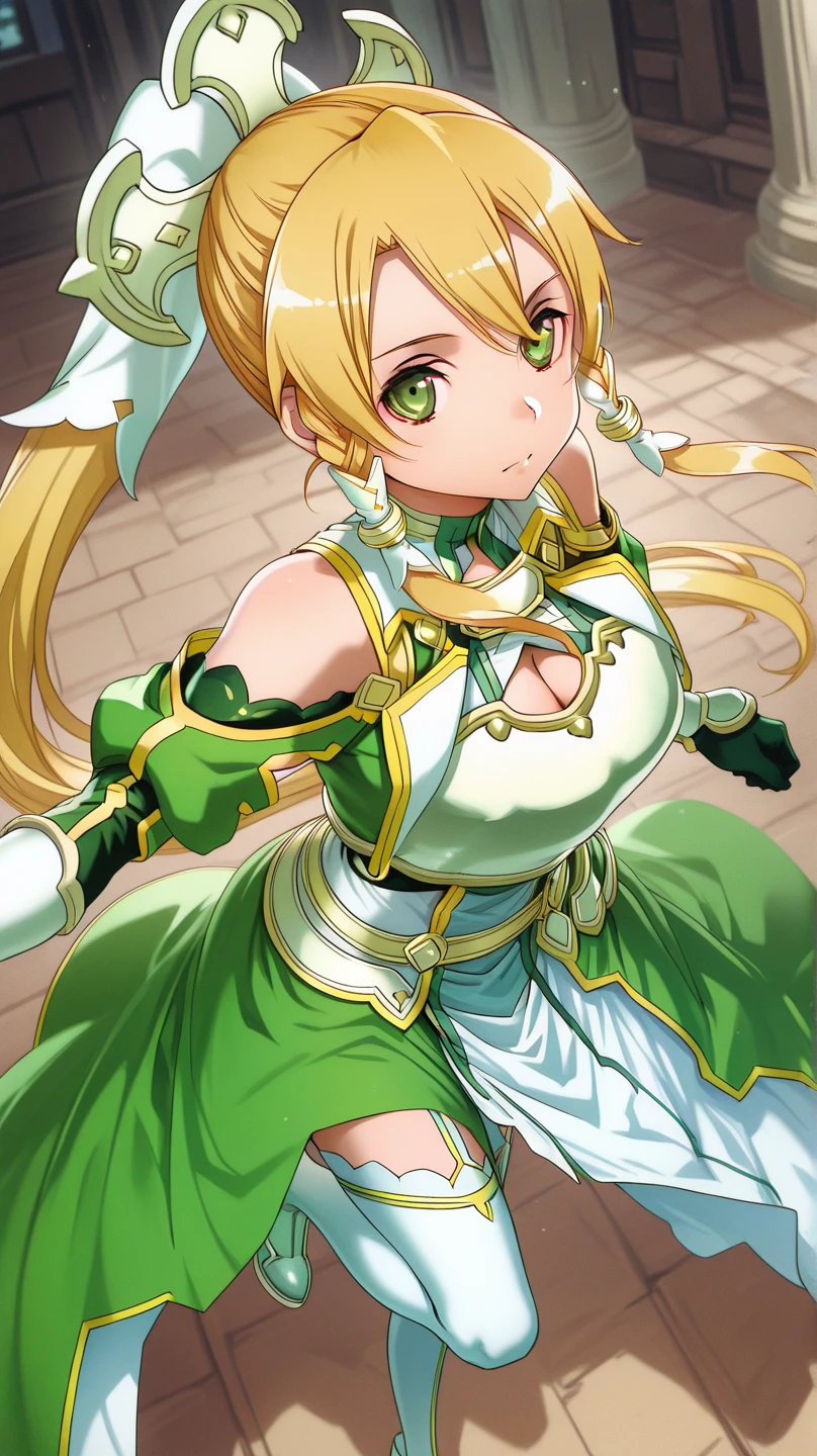 leafa,long hair, 1girl, solo, breasts, blonde hair, cleavage, green eyes, wings, pointy ears, open mouth, fairy wings, teeth, outstretched arms, smile, upper teeth only, very long hair, :d, hair ornament, sky, braid, twin braids, cloud, fairy, bangs, spread wings, cloudy sky, collarbone, flying, ponytail, long sleeves, fantasy, hair between eyes, green dress, choker, outdoors, blue sky, looking at viewer, white sleeves, large breasts, green wings, floating hair, bracelet, day, <lora:abec_XL:0.8>