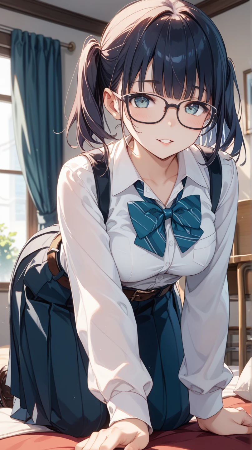 Purple hair, gray eyes, white , navy blue miniskirt, 11 years old, short, short long hair, kind expression, shy, backpack, almost no breasts, slightly exposed. hair,(flipped hair ), flipped hair, long sleeves, ahoge, girl alone, flipped hair, flipped hair, flipped hair, flipped hair, glasses with no edges, embarrassed, ,her bra is visible